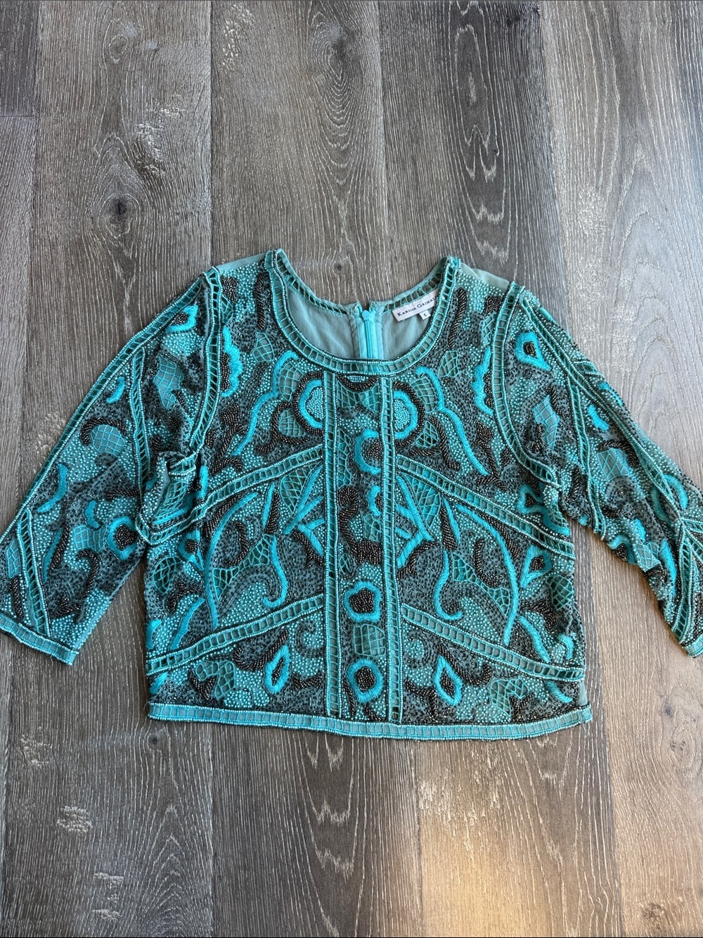 Karina Grimaldi Teal and Black Beaded Cropped Top AS0673